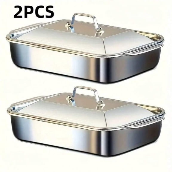 NTGFU 2-Piece Heavy-Duty Stainless Steel Rectangular Fish Baking Tray with Lid,Suitable for Barbecue, Buffet and Home Cooking, Suitable for Dessert, Bread, Seafood
