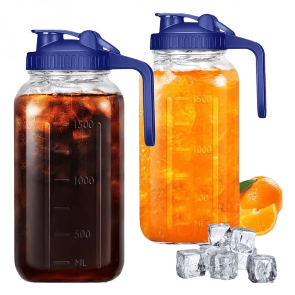 NTGFU 2 pack 64Oz Glass Pitcher with Handle for Outdoor Entertaining, Leak-Proof Wide Mouth Mason Jar Water Jug with Pour Spout Lid, 2 Quart Portable Canteen for Camping, BBQ & Fridge, Glassware