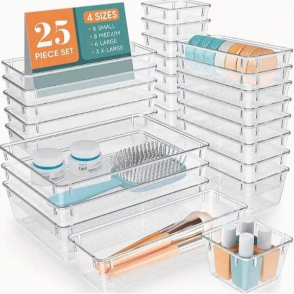 NTGFU 25 PCS Clear Plastic Drawer Organizers Set, 4 Sizes Clear Drawer Organizers & Storage Bins for Makeup/Jewelry Vanity, Kitchen Gadgets Or Office Desk
