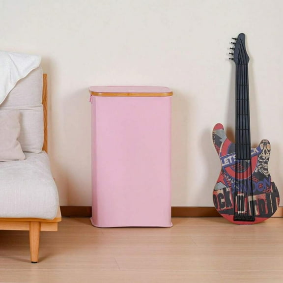 NTGFU 29 Gal (110L) Foldable Laundry Hamper with Lid, Bamboo Handles Clothes Basket, Large Laundry Bin for Bathroom, Bedroom, Dorm, Laundry Room - Pink