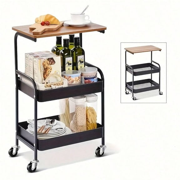 NTGFU 3-Tier Black Metal Utility Rolling Cart with Wooden Table Top, Storage Cart Trolley Kitchen Organizer Rolling Desk with Locking Wheels for Office, Classroom, Dorm, Bedroom