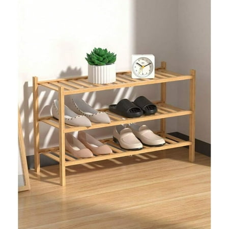 NTGFU 3-Tier Free Standing Shoe Racks, Bamboo Wood Shoe Rack for Entryway & Closet,Stackable Shoe Organizer, Space-Saving Shoe Shelf for Entryway