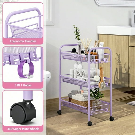 NTGFU 3-Tier Metal Rolling Cart, Mesh Wire Easy Assemble Utility Cart, Storage Trolley on Wheels with 3 Hooks