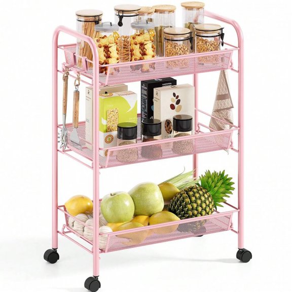 NTGFU 3-Tier Pink Metal Rolling Cart, Storage Trolley On Wheels with 3 Hooks, MetalStorage Shelving Units for Kitchen Bathroom Laundry Room Outdoor Decor