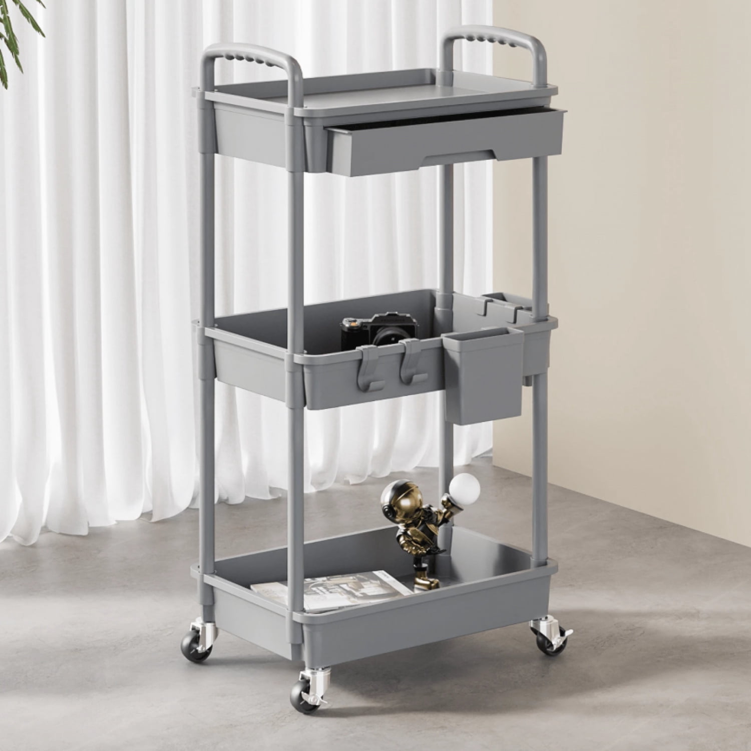 NTGFU 3 Tier Rolling Storage Cart with Drawers Rolling Utility Cart with Drawers,Room Decor,Bathroom Decor,Rolling Utility Cart Rolling Storage Organizer Tool for Kitchen,Light Grey