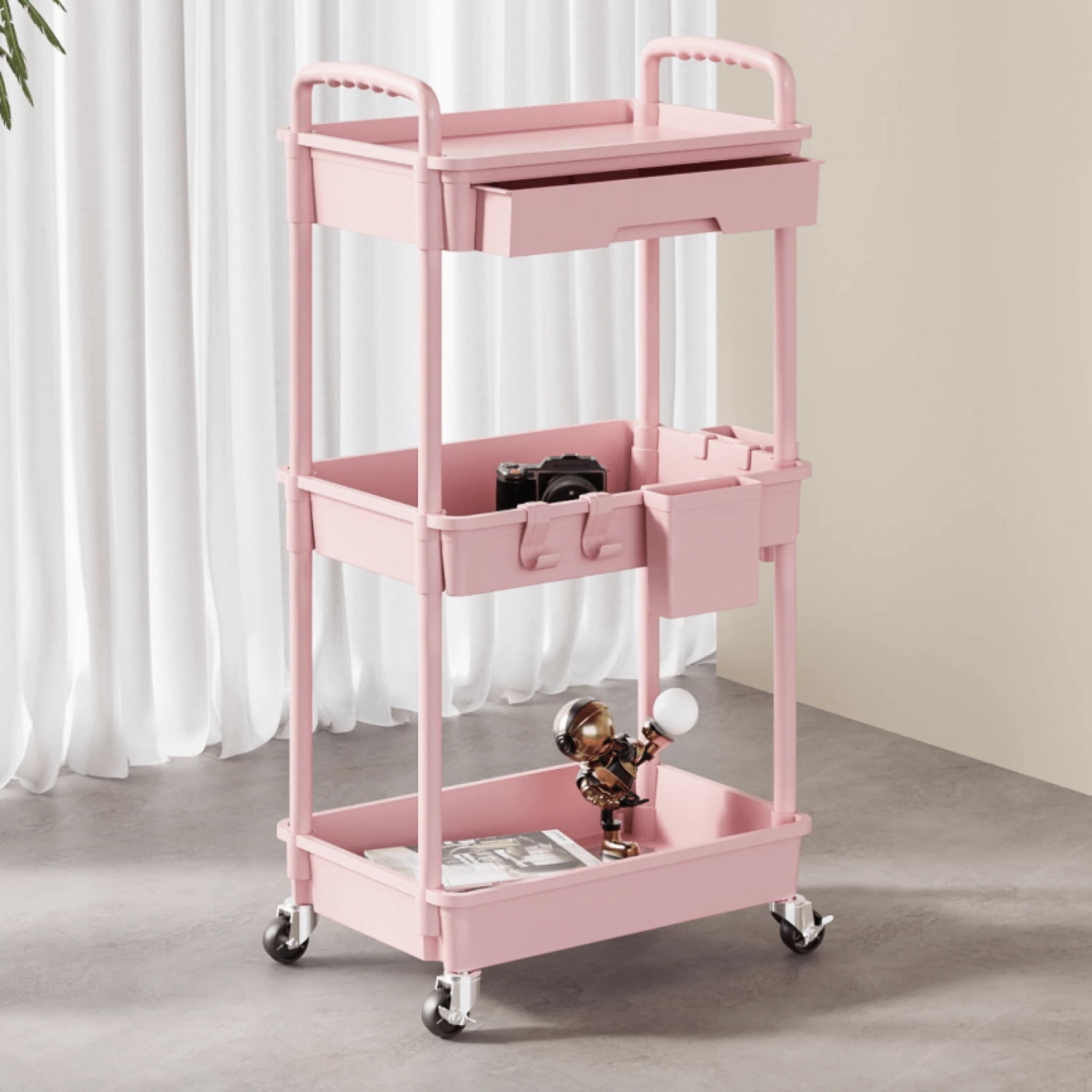 NTGFU 3 Tier Rolling Storage Cart with Drawers Rolling Utility Cart with Drawers,Room Decor,Bathroom Decor,Rolling Utility Cart Rolling Storage Organizer Tool for Kitchen,Pink