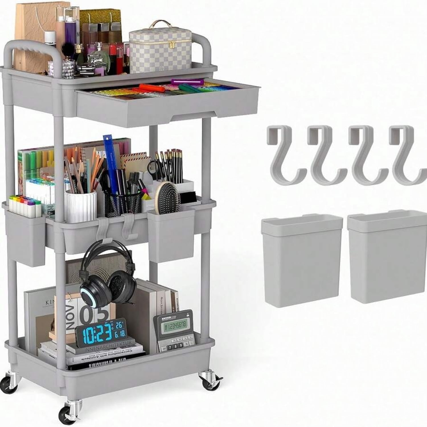 NTGFU 3 Tier Rolling Storage Cart with Drawers,Room Decor,Bathroom Decor,Rolling Utility Cart Rolling Storage Organizer Tool for Kitchen,Bathroom,Living Room,Office Outdoor Decor - Grey