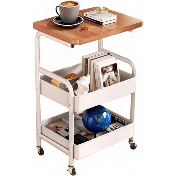 NTGFU 3-Tier White Metal Utility Rolling Cart with Wooden Table Top, Storage Cart Trolley Kitchen Organizer Rolling Desk with Locking Wheels for Office, Classroom, Dorm, Bedroom