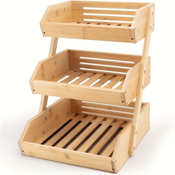 NTGFU 3 Tiers Stackable Bamboo Kitchen Organizer Space-Saving Storage Rack For Fruits, Vegetables, Bread & Snacks Multi-Tier Bamboo Storage Basket Compact Stackable Display Tray For Kitchen