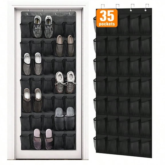 NTGFU 35 Pockets Black Over The Door Shoe Organizer, Hanging Shoe Organizer for Door with 35 Mesh Pockets Large Capacity Shoe Hanging Storage Bag with 4 Metal Hooks