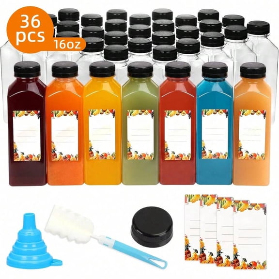 NTGFU 36pcs 16oz Plastic Juice Bottles with Caps, Reusable Juicing Bottles, Clear Empty Containers for Drinks, Smoothies and Other Beverages