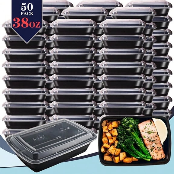 NTGFU 38oz 50 Pack Black Rectangular Meal Prep Containers with Lids, Food Storage Container, Disposable Plastic To Go Containers, Bento Box, Stackable, Leak-Proof