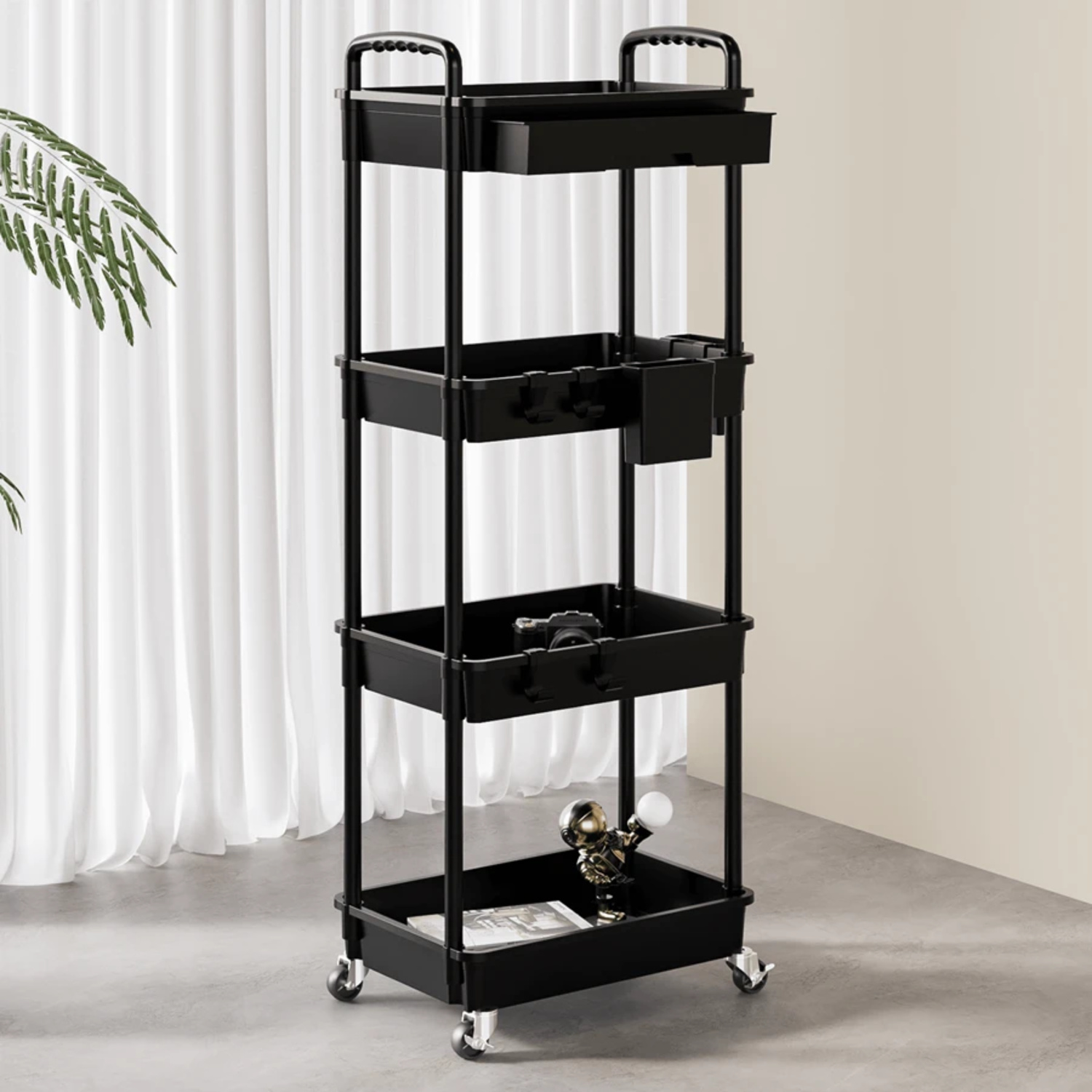 NTGFU 4 Tier Black Rolling Utility Cart with Drawer, Utility Cart Made Of Multifunctional Storage Organizer Tool for Kitchen,Bathroom,Living Room,Office Outdoor Decor
