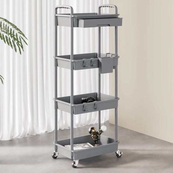 NTGFU 4 Tier Grey Rolling Utility Cart with Drawer, Utility Cart Made Of Multifunctional Storage Organizer Tool for Kitchen,Bathroom,Living Room,Office Outdoor Decor