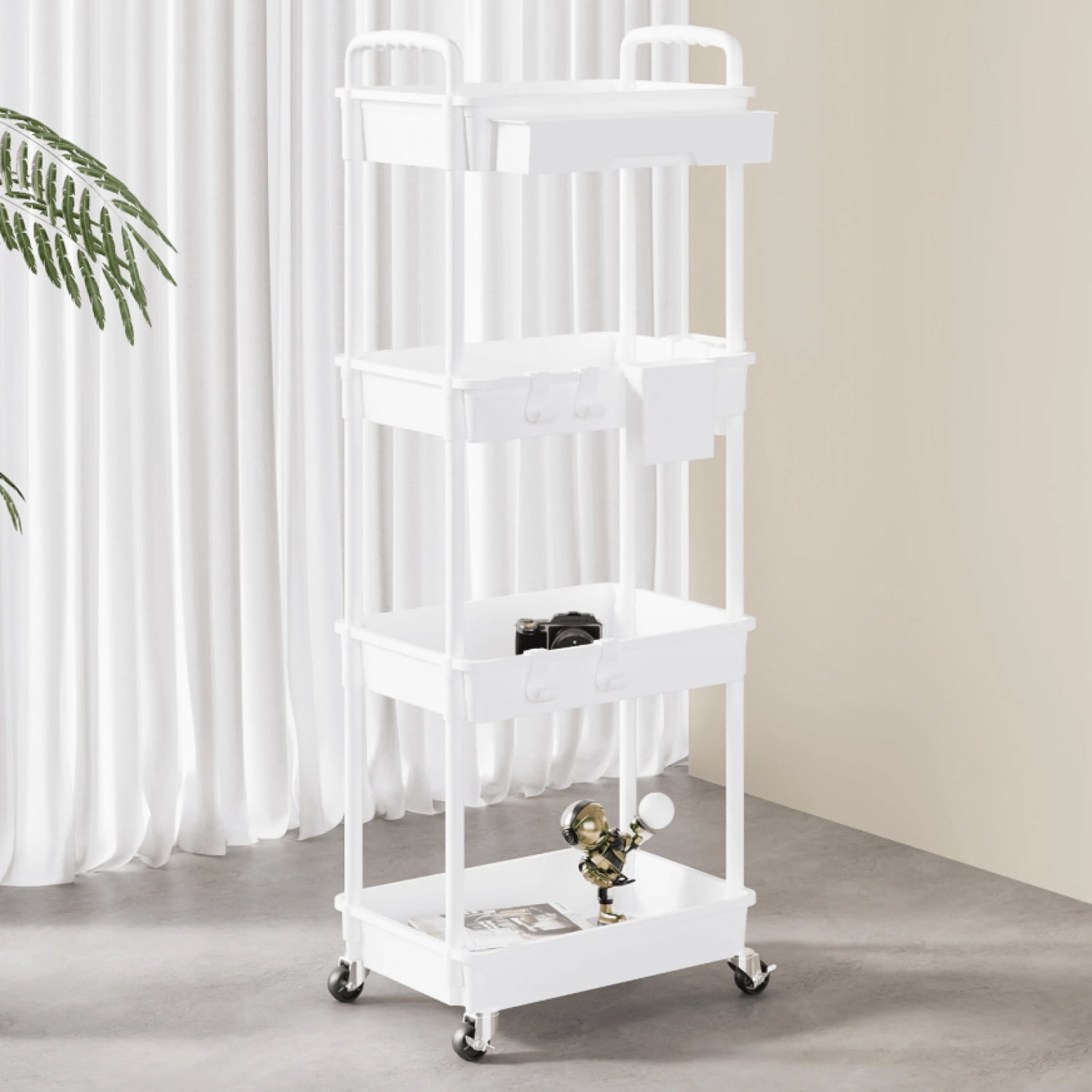 NTGFU 4 Tier White Rolling Utility Cart with Drawer, Utility Cart Made Of Multifunctional Storage Organizer Tool for Kitchen,Bathroom,Living Room,Office Outdoor Decor