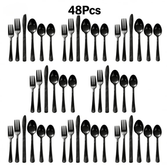 NTGFU 48-Piece Stainless Steel Flatware Set for 8 - Elegant Cutlery Set for Easter Dinner, Romantic Couple Gift, Holiday Tableware Kitchen Utensils- Black