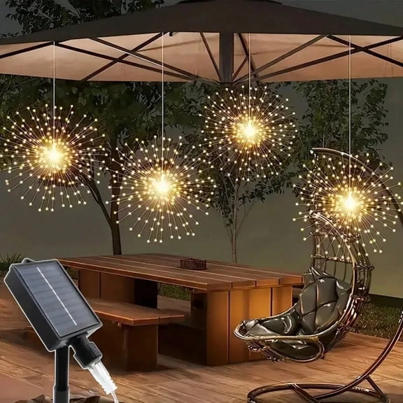NTGFU 4Pcs-240LEDs Solar Starburst Sphere Lights, Hanging Fairy Firework Lights, 8 Modes Copper Wire Sparkly Lights for Patio Party Tent, Solar-Powered with 500mAh Lithium Battery, No Remote