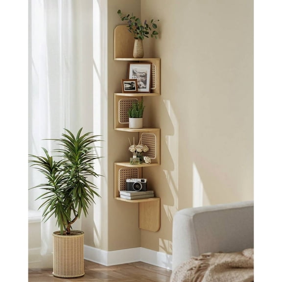 NTGFU 5-Tier Corner Shelf, Wall Mounted Floating Shelf, Zigzag Corner Shelf Unit, PVC Rattan Sides, Space-Saving, for Kitchen, Living Room, Bedroom, Boho Style - Oak Beige