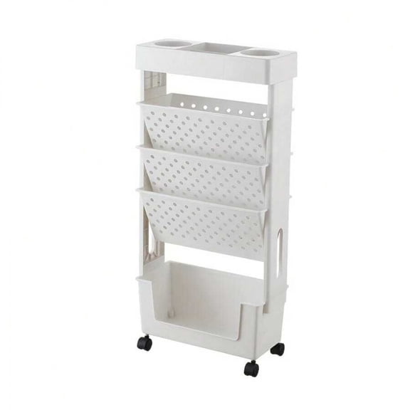 NTGFU 5-Tier White Movable Bookshelf, Tableside Bookshelf, Book Storage Rack, File Storage Rolling Bookcase, Movable Folder Storage Cart with Wheels, Tableside Storage Cabinet with Wheels