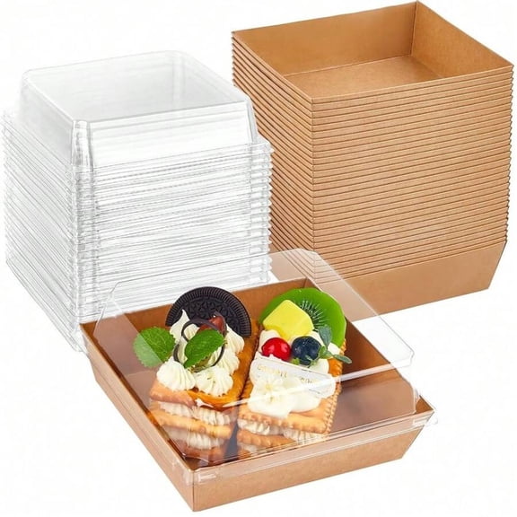 NTGFU 50 Pack Small Charcuterie Boxes with Clear Lids, To Go Paper Dessert Boxes Bakery Boxes, 5 Inches Disposable Food Containers for Cookies, Cupcakes, Slice Cakes, Strawberries ,Brown-50