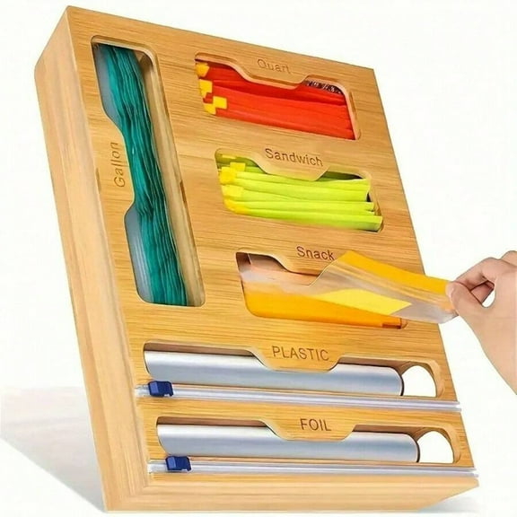 NTGFU 6-In-1Bamboo Ziplock Bag Organizer, Plastic Wrap Dispenser with Cutter for Kitchen Drawer for Gallon, Quart, Sandwich, Snack, Kitchen Supplies