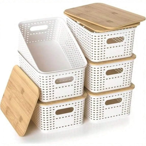 NTGFU 6-Piece Bamboo Covered Plastic Storage Basket, Large Capacity Storage Basket, Stackable Plastic Storage Container, Suitable for Home, Office, Game Room - Home Storage Box- White