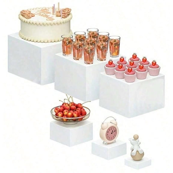 NTGFU 6-Piece White Acrylic Dessert Table Risers | 5-Sided Cube Trays for Bakery & Wedding Decor