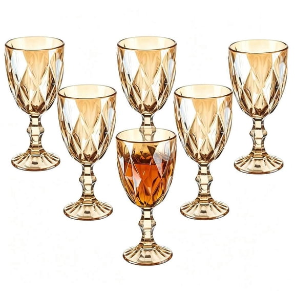 NTGFU 6pcs Amber Vintage Wine Glasses , 11.5 Ounce Colored Glass Water Goblets, Unique Embossed Pattern High Clear Stemmed Glassware Wedding Party Bar Glass Drinking Cups
