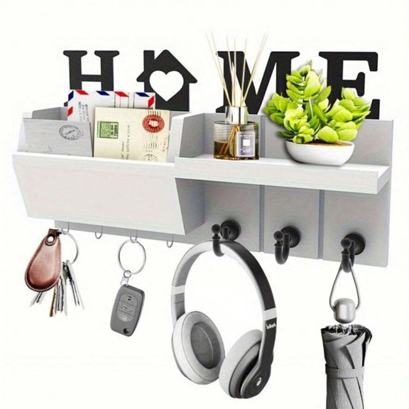 NTGFU 7-Hook White Key Hanger - Heavy-Duty Key Storage Rack, Space-Saving Entry Organizer with Mail Sorting Function, Natural Wood Finish, Suitable for Entryways, Kitchens and Offices