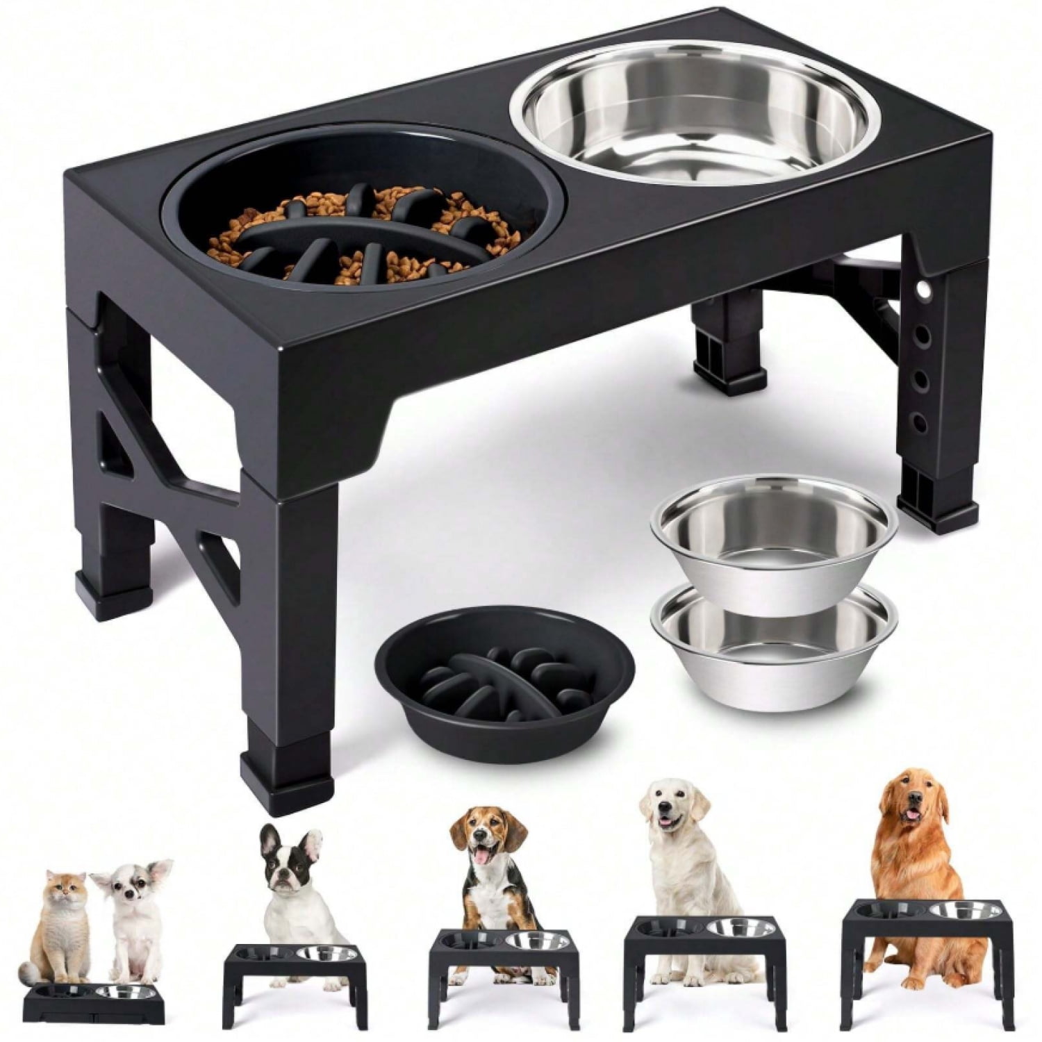 NTGFU Black 5 Adjustable Heights Raised Dog Bowl Stand with 2 Stainless Steel Dog Food Bowls and 1 Slow Feeder Dog Bowl, Adjusts To Height 3.2" To 12.2" for Small Medium Large Dogs