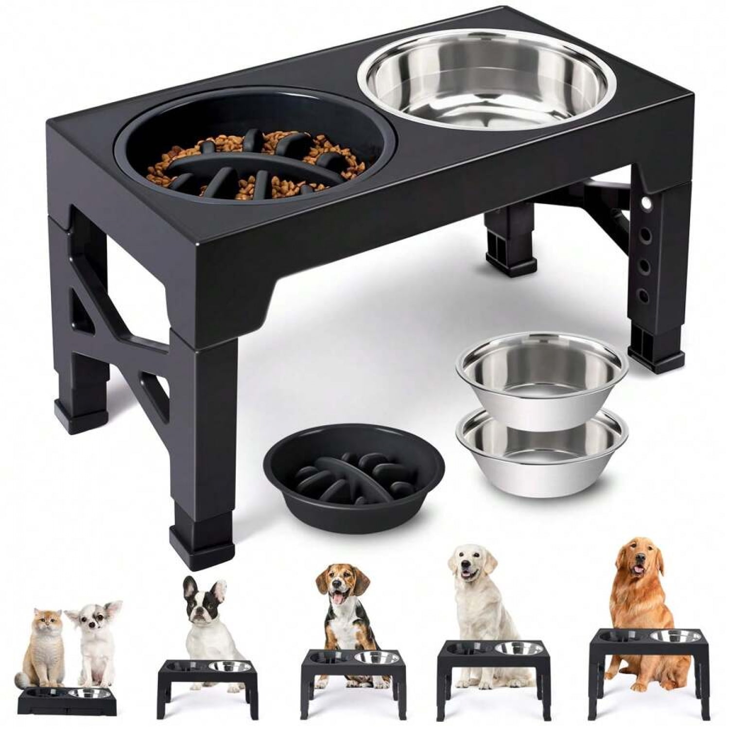 NTGFU Black Elevated Dog Bowls, 5 Adjustable Heights Raised Dog Bowl Stand with 2 Stainless Steel Dog Food Bowls and 1 Slow Feeder Dog Bowl for Small Medium Large Dogs