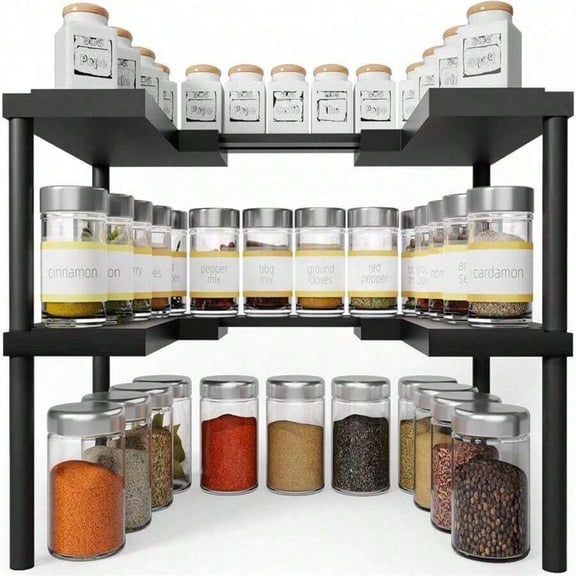 NTGFU Black Expandable Bamboo Spice Rack Organizer for Cabinet - Stackable Shelves for Kitchen Seasoning & Pantry Storage - Natural Bamboo, Adjustable, Expandable, Lightweight, Washable, Waterproof