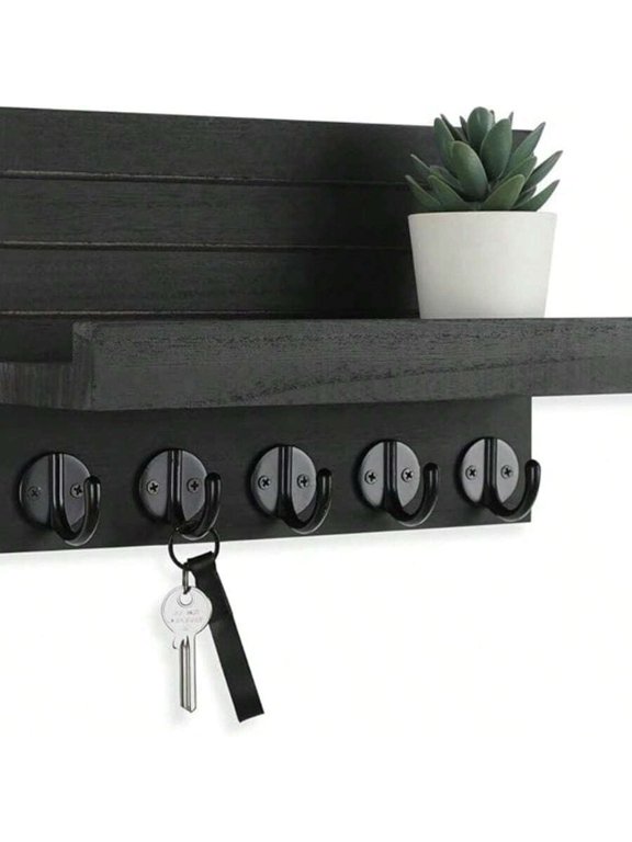Black Key Holder For Wall, Decorative Key And Mail Holder With Shelf Has Large Hooks For Bags, Coats, Umbrella Paulownia Wood Key Hanger With Mounting Hardware (9.8"W X 7.7"H X 4.2"D)