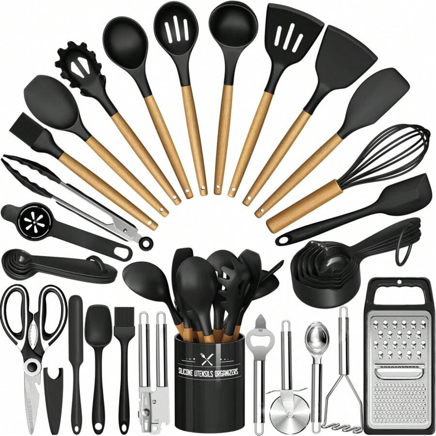 NTGFU Black Kitchen Utensils Set- 34PCS Silicone Cooking Utensils with Holder, for Nonstick Cookware,Perfect for Thanksgiving,Mother's Day Cooking and Gifting