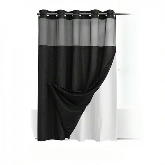 NTGFU Black Waffle Double Woven Shower Curtain, No Hook, Clear Top Window Hookless Shower Curtain Curtain Hotel Style Double Layer Machine Washable,72" X 75"