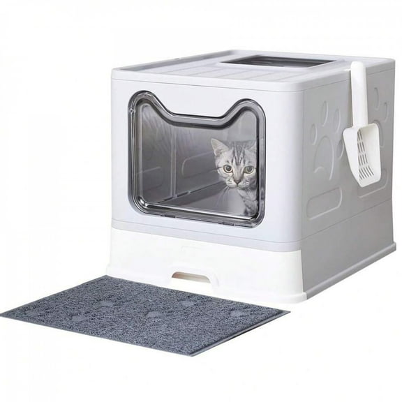 NTGFU Cat Litter Box with Litter Mat and Scoop,Large Foldable Litter Box with Lid,Front Entry Top Exit Kitty Box,Odor Control,Easy to Clean (Grey)