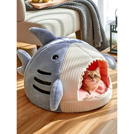NTGFU Cat Mat Shark-Shaped Kennel Kitten Bed Hideout House Warm Soft Comfortable Semi-Closed Cat Dog,Blue-L