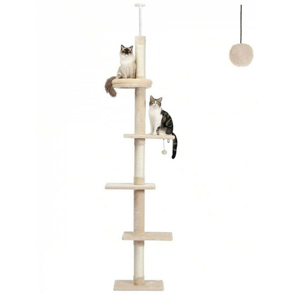 NTGFU Cat Tower 5-Tier Floor To Ceiling Cat Tree Height(95-107 Inches) Adjustable, Tall Climbing Tree Featuring with Scratching Post, Cozy Bed,Interactive Ball Toy for Indoor Cats,Beige