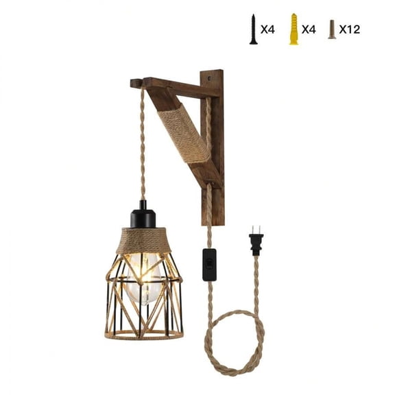 NTGFU Farmhouse Wall Sconces Set Of 1, Plug-In Hanging Lamps with Rustic Metal Cage & Wooden Bracket, Bedroom/ Living Room Wall Lighting, Easy Install Outlet Sconce for Headboard Decor