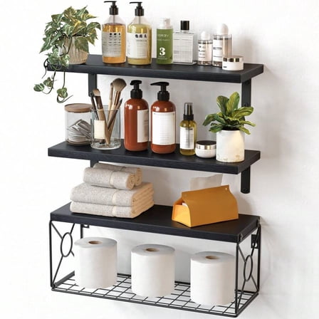NTGFU Floating Shelves, Bathroom Shelves Over Toilet, Wall Mounted Floating Shelves with Wire Basket, Wooden, 3 Shelves, 16.5x6x5.5 In