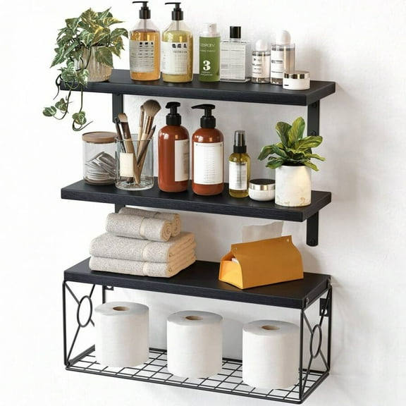 NTGFU Floating Shelves, Bathroom Shelves Over Toilet, Wall Mounted Floating Shelves with Wire Basket, Wooden, 3 Shelves, 16.5x6x5.5 In