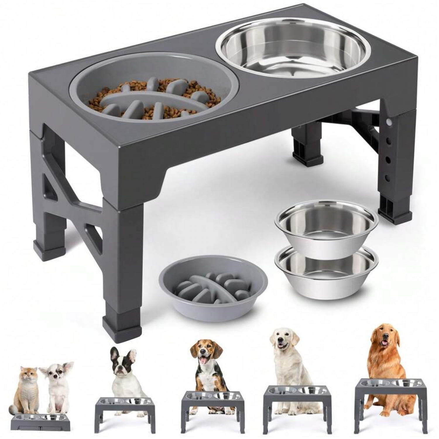 NTGFU Grey 5 Adjustable Heights Raised Dog Bowl Stand with 2 Stainless Steel Dog Food Bowls and 1 Slow Feeder Dog Bowl, Adjusts To Height 3.2" To 12.2" for Small Medium Large Dogs