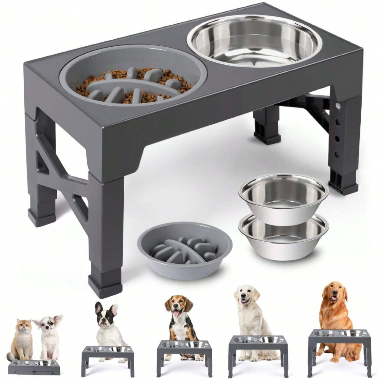 NTGFU Grey Elevated Dog Bowls, 5 Adjustable Heights Raised Dog Bowl Stand with 2 Stainless Steel Dog Food Bowls and 1 Slow Feeder Dog Bowl for Small Medium Large Dogs