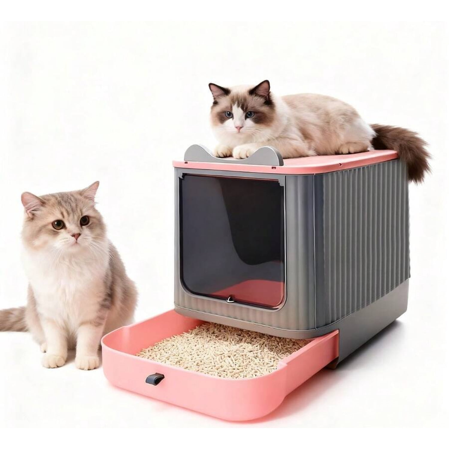 NTGFU Large Cat Litter Box Enclosed, 4-In-1 Top Entry & Front Pull Drawer with Odor Control Carbon Bags & Scoop,for Multiple Cats (Fits Up To 44 Lbs), Easy Clean Modern Pet House - Pink