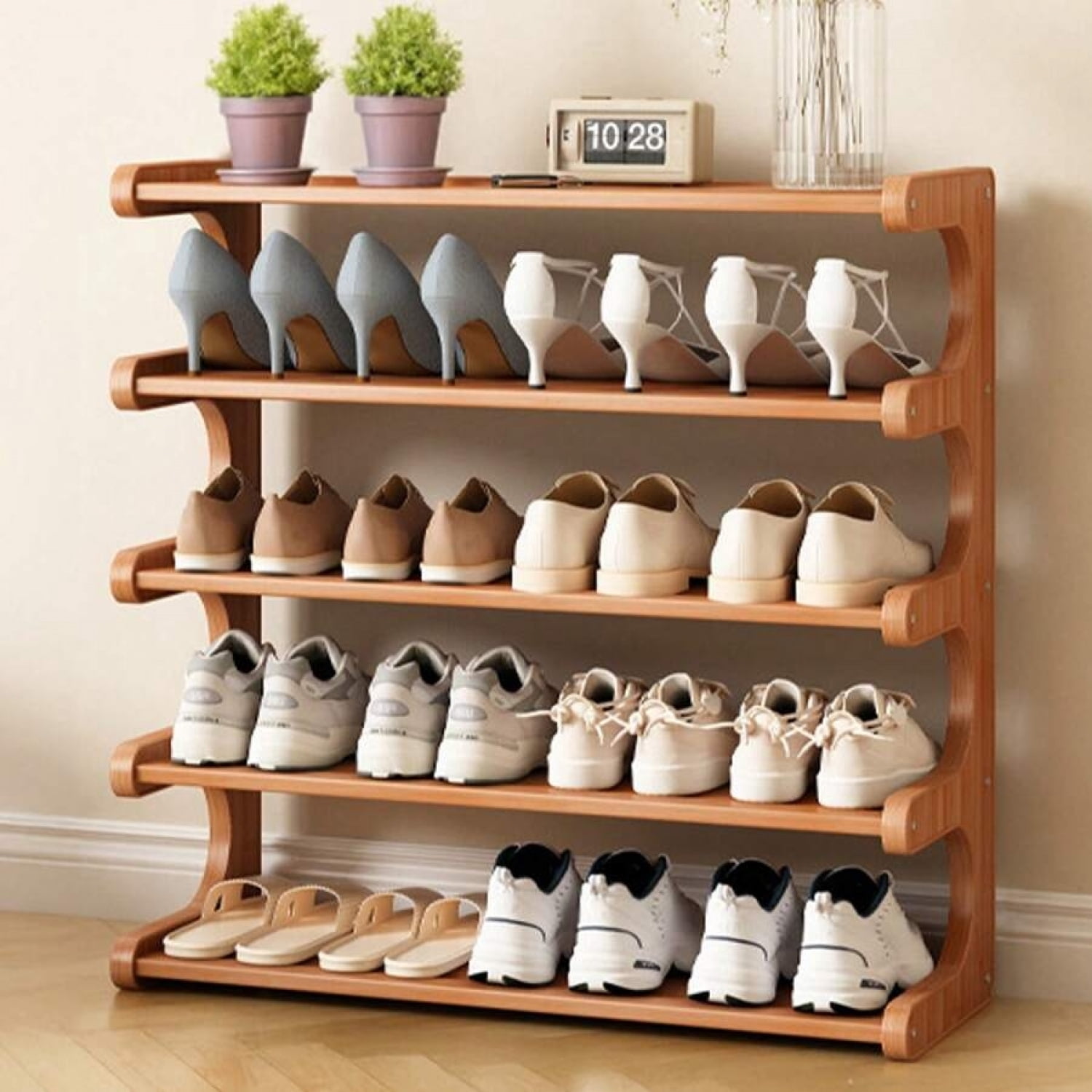 NTGFU Natural Wood Color Wooden Shoe Rack -Stackable Shoe Shelves for Entryway, Closet, Hallway, Mudroom, and Front Door, Space, Easy Assembly Home Storage Supplies for Renters​-5 Layers 70 Brown