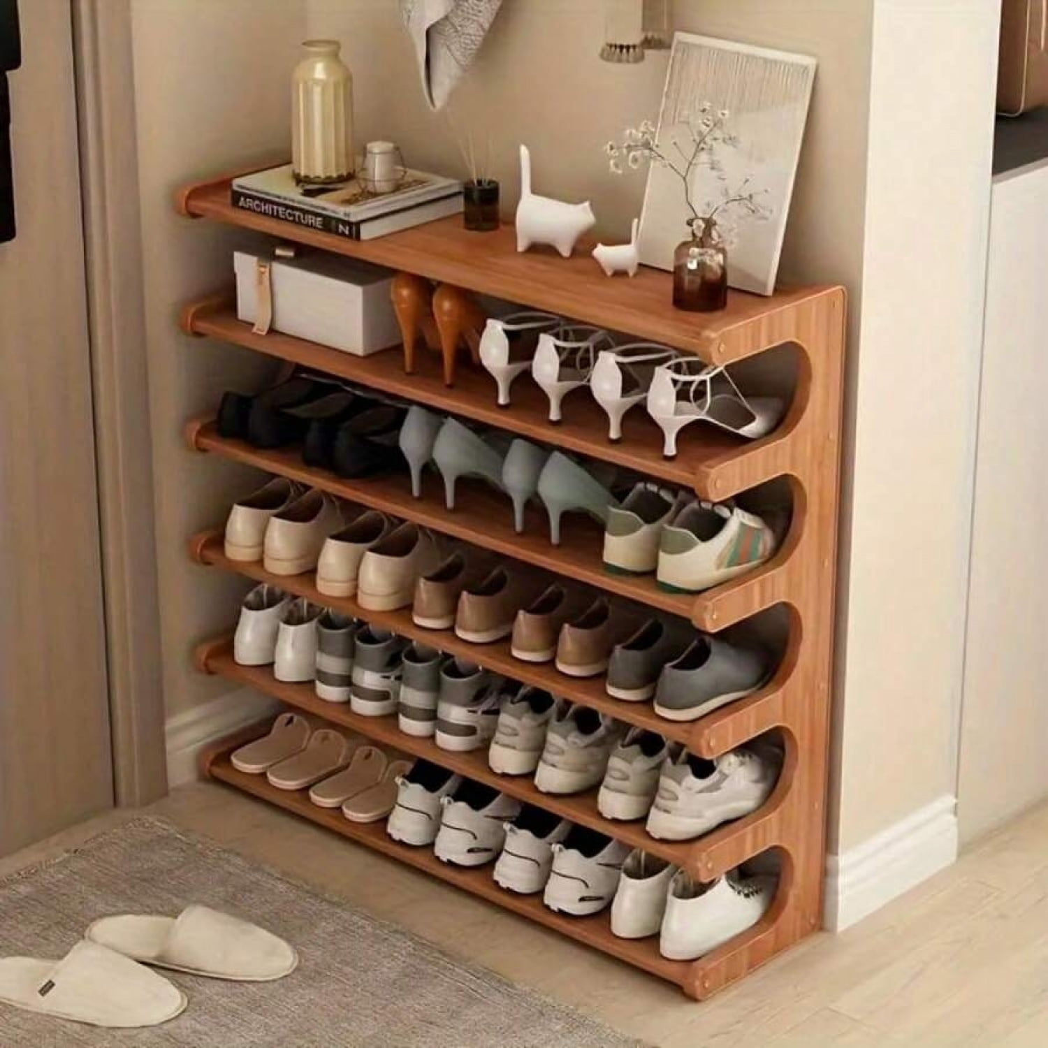 NTGFU Natural Wood Color Wooden Shoe Rack -Stackable Shoe Shelves for Entryway, Closet, Hallway, Mudroom, and Front Door, Space, Easy Assembly Home Storage Supplies for Renters ​ -6 Layers 70 Brown