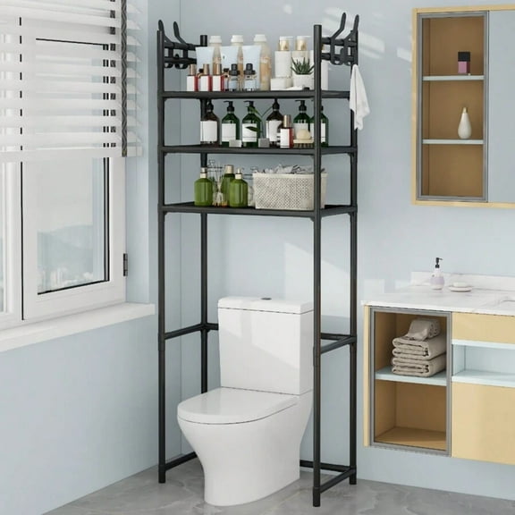 NTGFU Over The Toilet Storage Rack Bathroom Organizer Shelf with Hooks Plastic and Metal Shelf Unit for Small Space (Black)