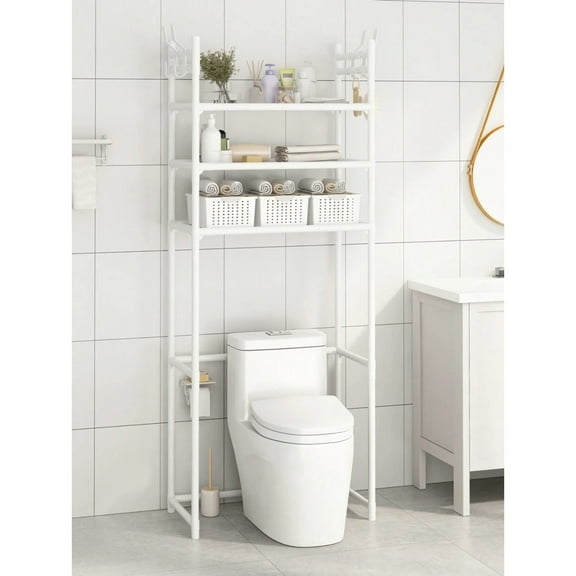 NTGFU Over The Toilet Storage Rack Bathroom Organizer Shelf with Hooks Plastic and Metal Shelf Unit for Small Space (White)