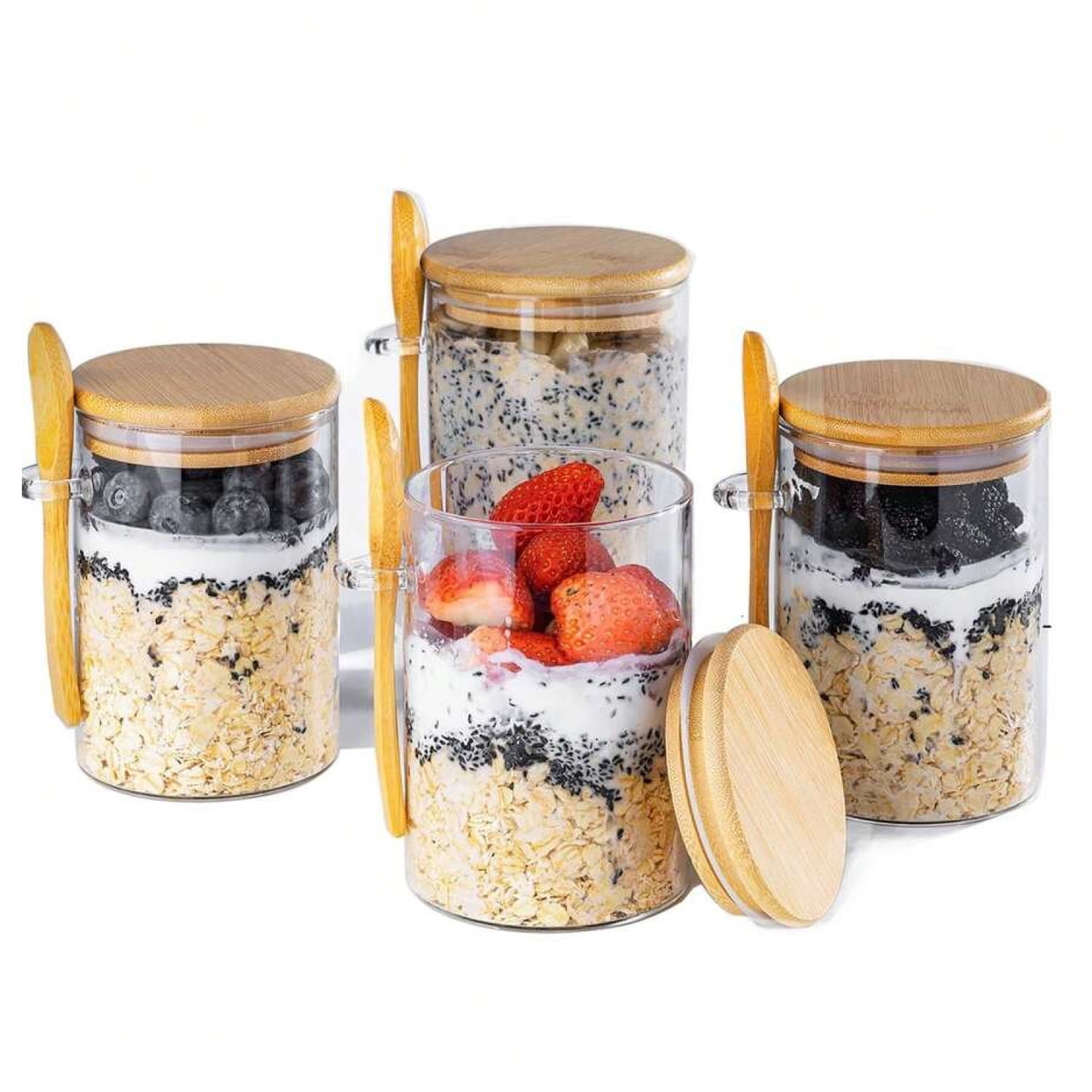 NTGFU Overnight Oats Containers with Lids (4 x 16oz) Glass Jars for Oatmeal, Meal Prep, Food Storage | Leak-Proof Mason Jars for Oats, Cereal, Yogurt, Chia Pudding