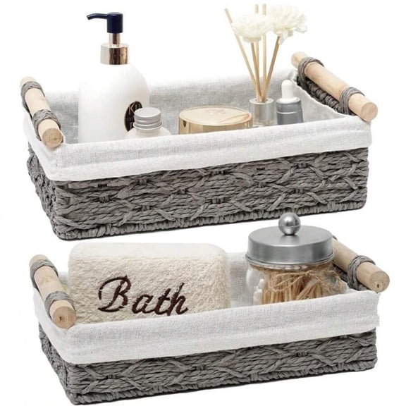 NTGFU Set Of 2 Wicker Baskets for Organizing with Handle, Decorative Bins for Countertop, Toilet Paper Basket for Toilet Tank Top, Small Baskets Set - Grey